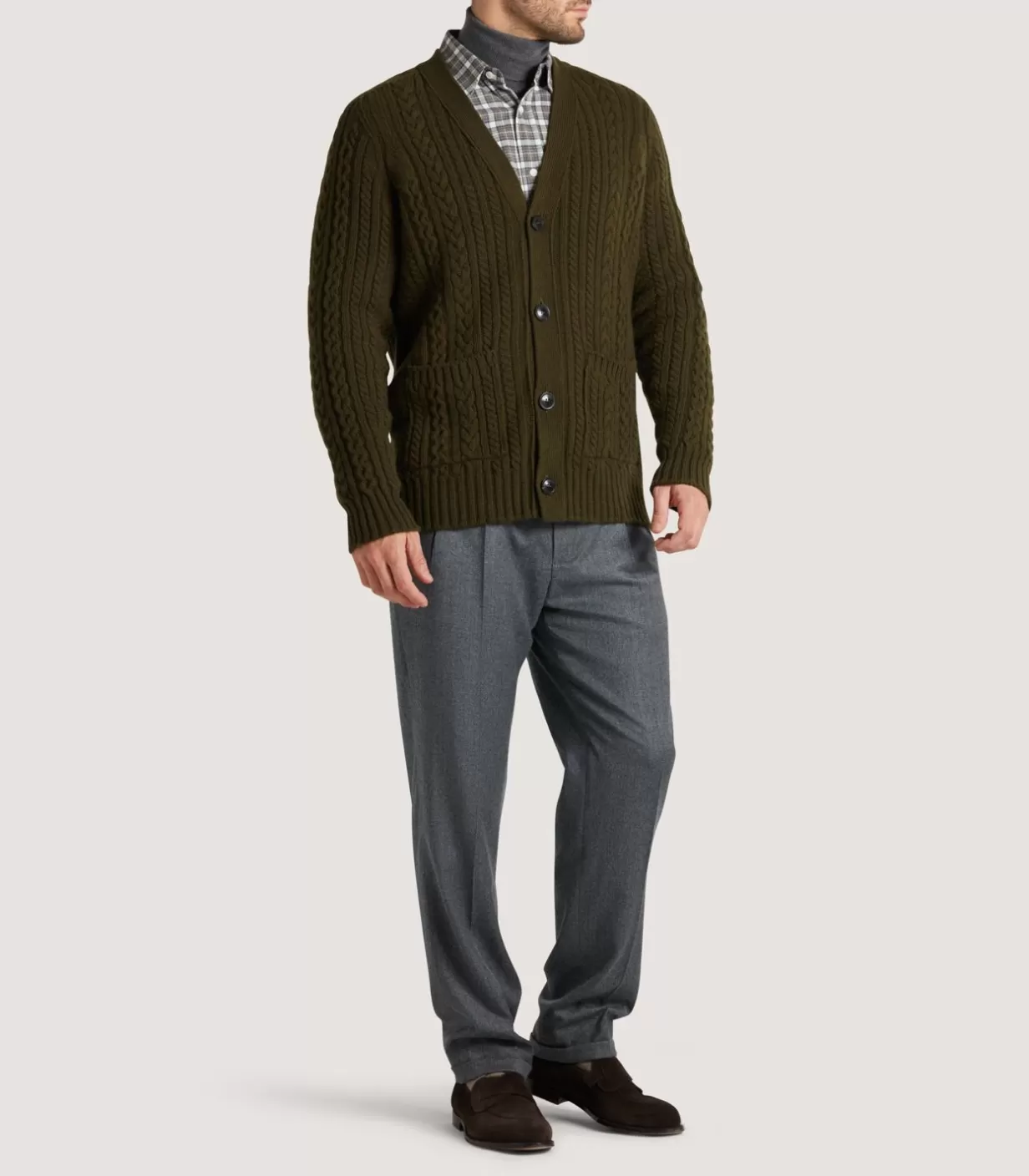Knitwear*Purdey Men'S Cashmere Cable And Rib V Neck Cardigan In Military